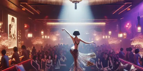A vibrant nightclub scene featuring a stunning dancer performing under colorful lights, with an engaged audience and elegant decor.