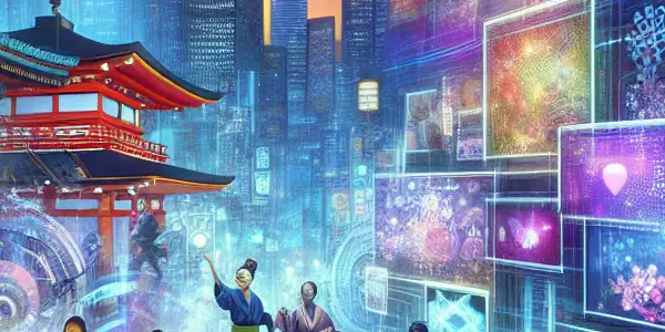 A vibrant digital landscape featuring a diverse group discussing adult content amidst neon-lit, culturally inspired architecture.