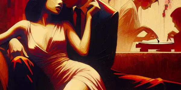 A couple passionately embraces in a dimly lit, intimate lounge filled with romantic elements and a luxurious atmosphere.