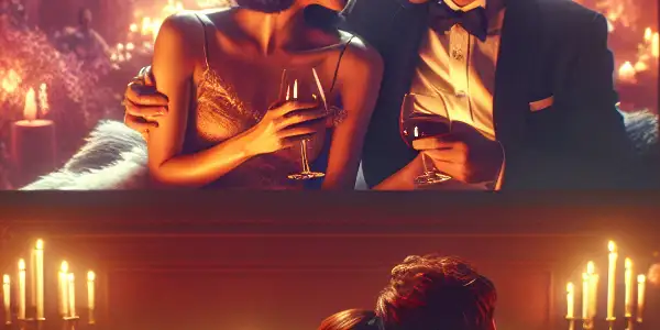 A couple shares an intimate moment in a cozy, dimly lit room while watching a romantic film.