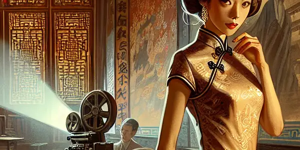 A mysterious Chinese woman in a qipao, set in a vintage teahouse with art deco elements, evokes intrigue and desire.