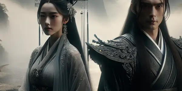 A noble female warrior and a charismatic male figure in a misty ancient Chinese landscape, exuding passion and allure.