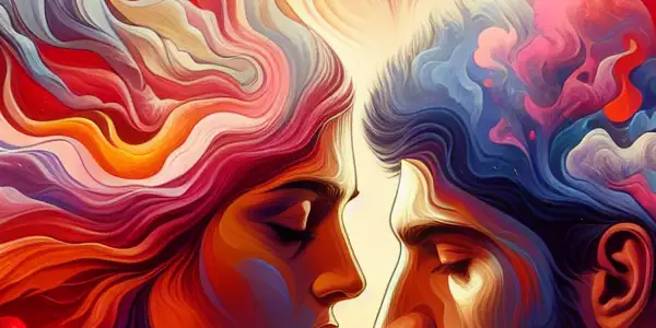 A passionate encounter between two characters, surrounded by abstract imagery symbolizing desire and intimacy.