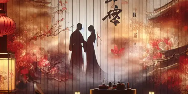 A luxurious, dimly lit room with a high-definition screen and silhouettes, evoking romance and allure.