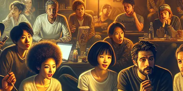 A cozy room filled with diverse individuals animatedly discussing Japanese adult films over laptops and smartphones.