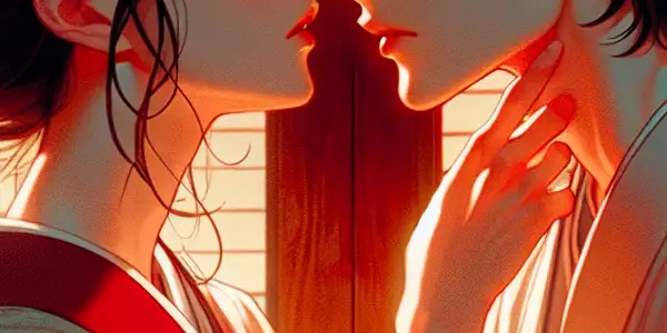Two characters share an intimate moment, expressing longing and desire in a cozy, warmly lit Japanese setting.