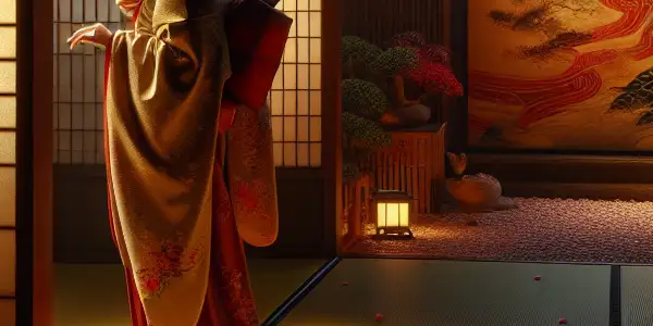 A serene Japanese room with a confident figure in a kimono, surrounded by cherry blossoms and a tranquil garden view.