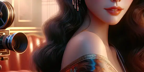 A glamorous Japanese actress on a luxurious film set, exuding charm in an elegant, fashionable outfit.