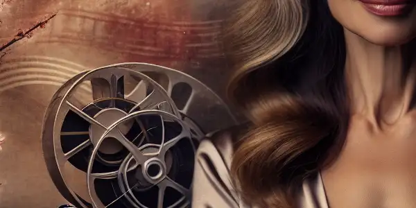 A sophisticated scene featuring a confident mature actress on an elegant film set, surrounded by subtle cinematic elements.