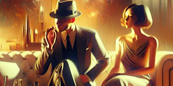 A warm, intimate scene depicting characters in a moment of connection, surrounded by elegant decor and soft lighting.