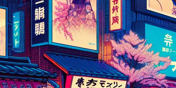 A vibrant Tokyo street at night, showcasing adult film culture with neon lights, diverse characters, and traditional elements.