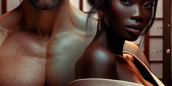 A passionate exchange between a strong male and a gentle female character in a traditional Japanese room.