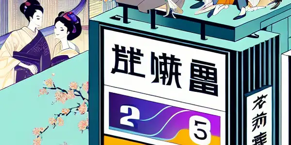 A dynamic adult entertainment ranking scene blending traditional Japanese and modern Western elements with vibrant colors and engaging characters.