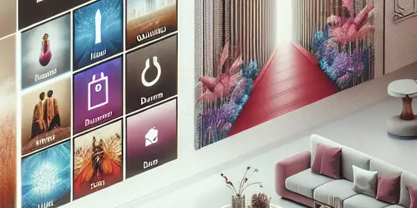 A modern digital interface showcasing thumbnails of Japanese adult films, with themes of romance, drama, and fantasy.