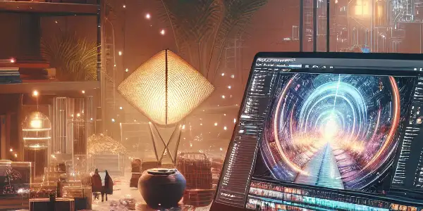 A modern workspace featuring a laptop and elements of Japanese culture, emphasizing adult entertainment exploration.