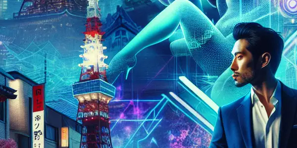 A confident man in Tokyo gazes at a digital screen showcasing abstract themes of adult entertainment amidst a vibrant urban landscape.