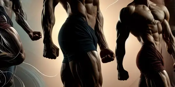 A powerful male figure posed artistically, showcasing muscular beauty against a soft, abstract background.