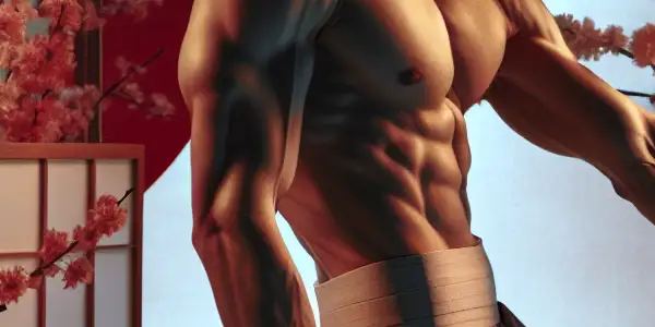 A dynamic scene featuring male models in a contemporary studio, blending sensuality and strength with Japanese motifs.