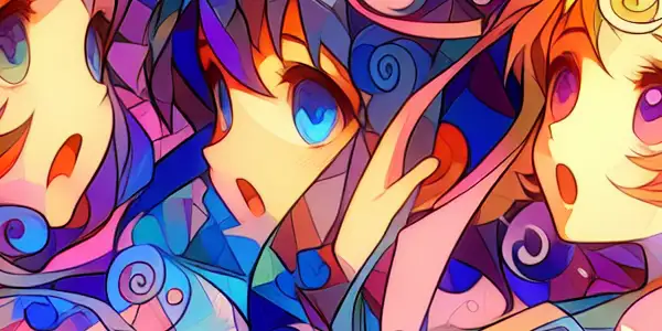 Playful anime characters express shyness and ecstasy in a vibrant, dreamlike environment filled with dynamic energy.