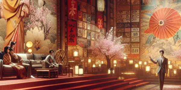 A vibrant film set blending Japanese culture and modern cinema, featuring characters in romantic poses amidst cherry blossoms and lanterns.